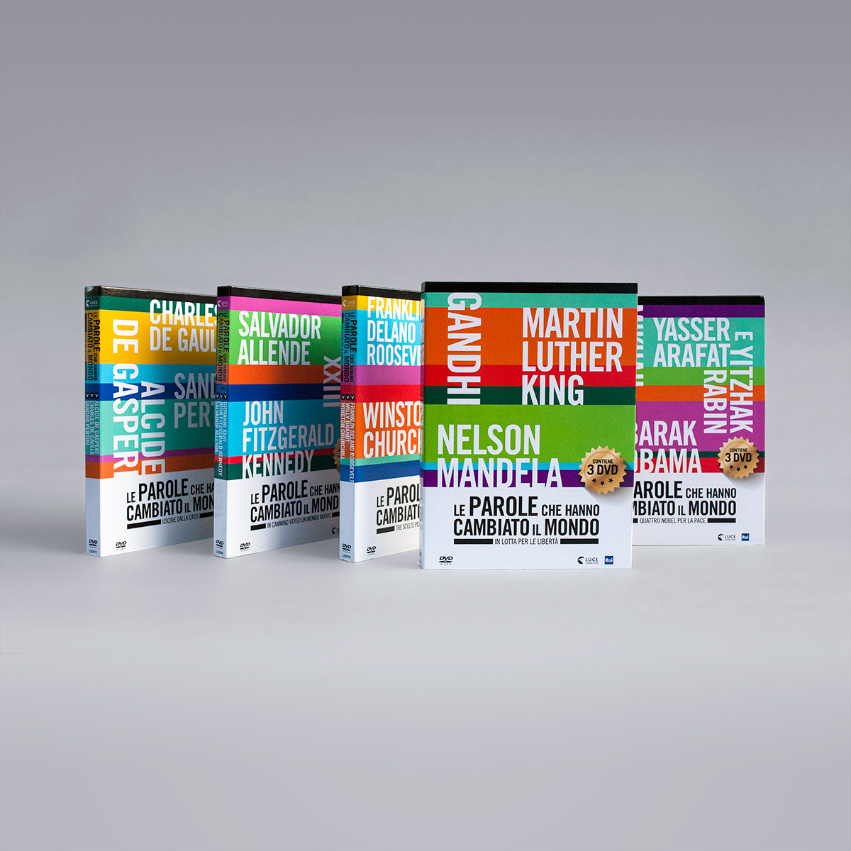 Cofanetti chiusi dei 5 digipack della collana DVD Le parole che hanno cambiato il mondo per Luce Cinecittà