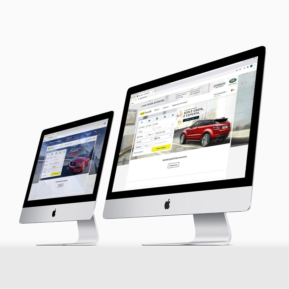 Due monitor iMac con fireplace Jaguar Approved e Land Rover Approved su Autoscout - Campagna Advertising online