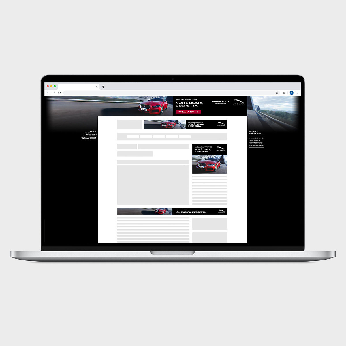 Monitor computer portatile con skin e banner della Campagna Display Online Advertising per Jaguar Approved