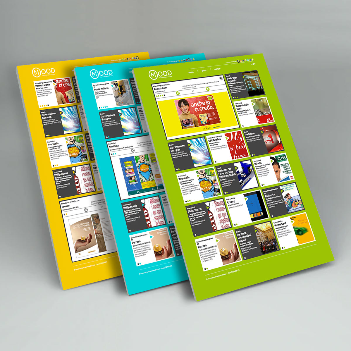 Pagine del sito web Mood Communication & Events con progetti esplosi e cambio di colore
