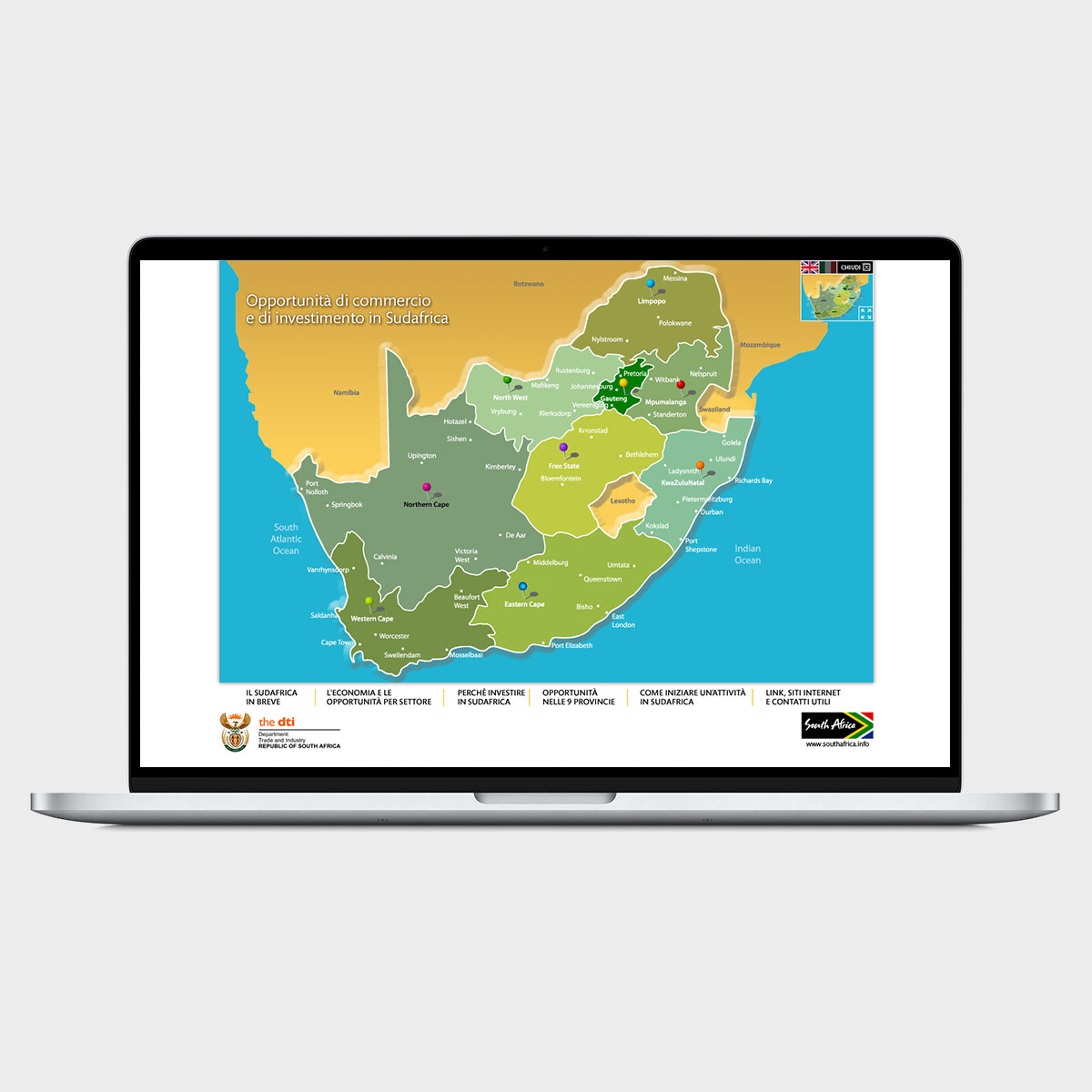 Schermo di computer portatile con homepage animata e mappa del Sud Africa