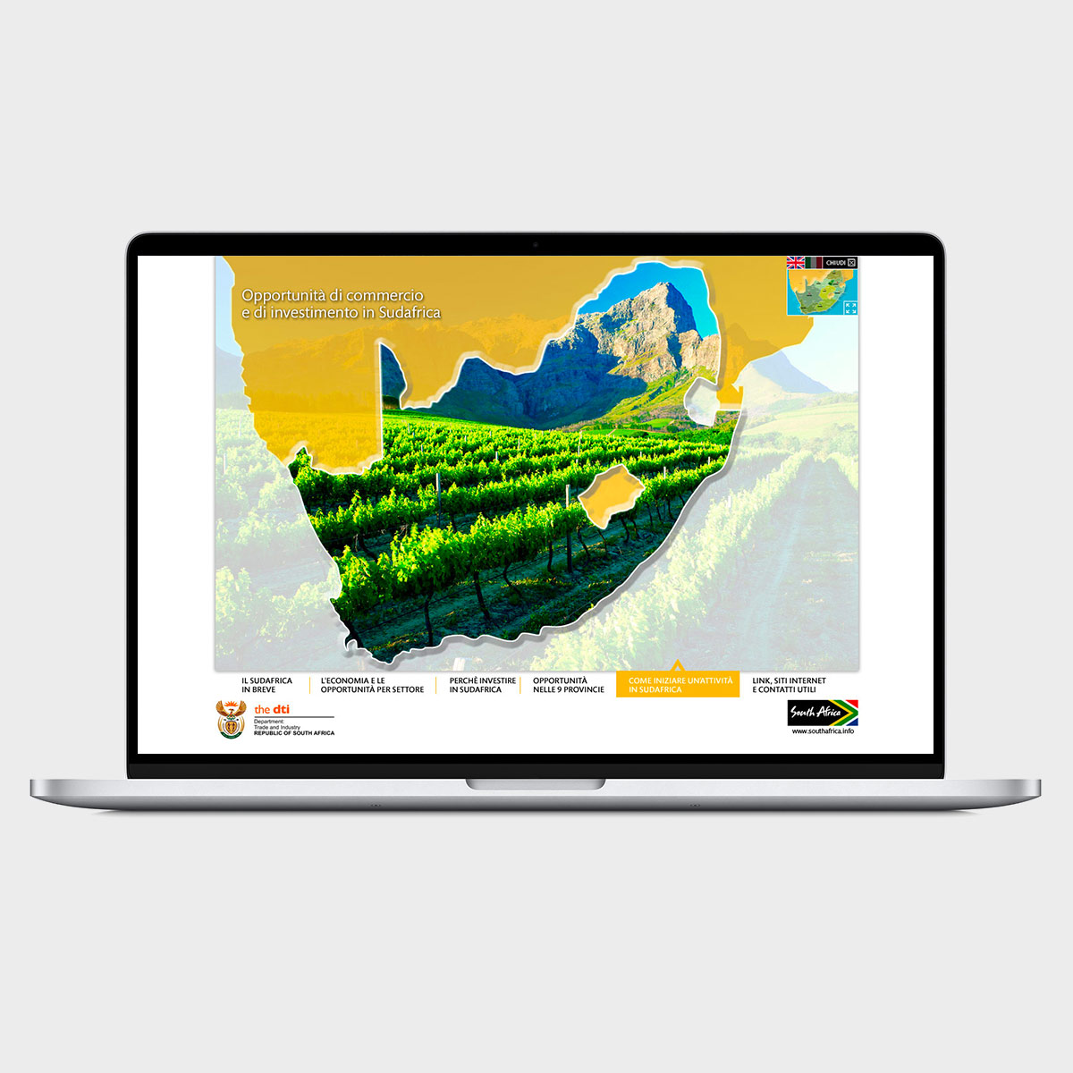 Schermo di computer portatile con homepage animata del Sud Africa