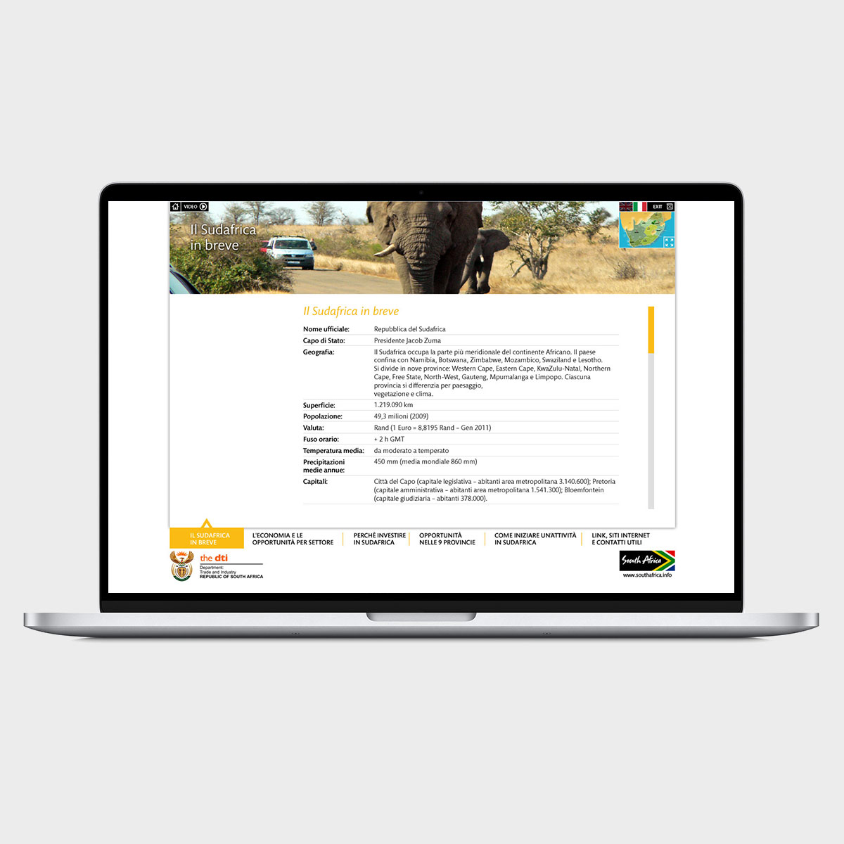 Schermo di computer portatile con pagina Il Sudafrica in breve
