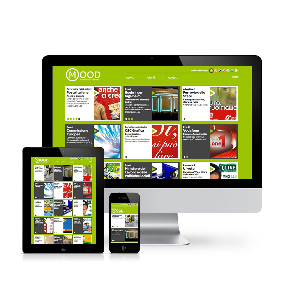 Schermo desktop, tablet e mobile con homepage del sito web per Mood Communication & Events